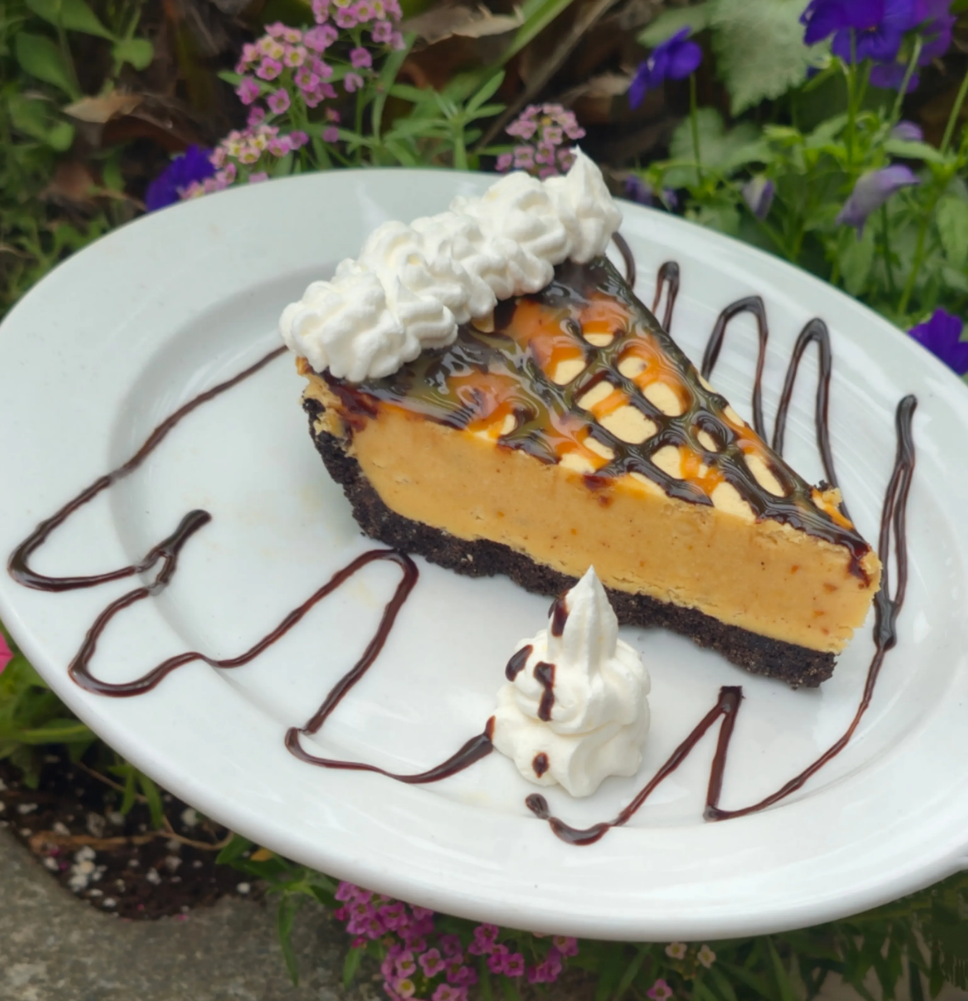 A creamy peanut butter pie slice on a chocolate cookie crust, finished with caramel and chocolate drizzle and a whipped cream cloud.